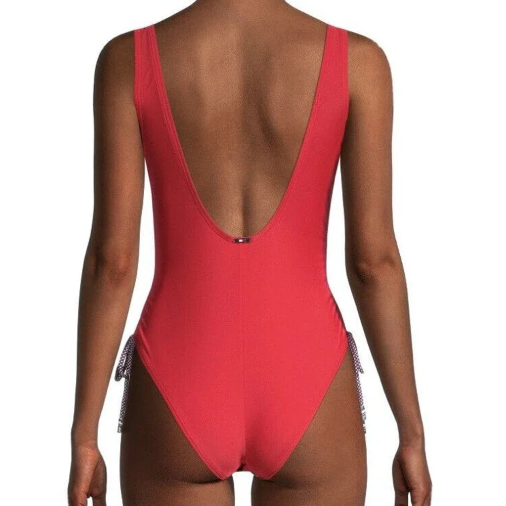 Tommy Hilfiger One Piece High Cut Cheeky Tank 16 NWT Red Ruched UPF Preppy Swim‎